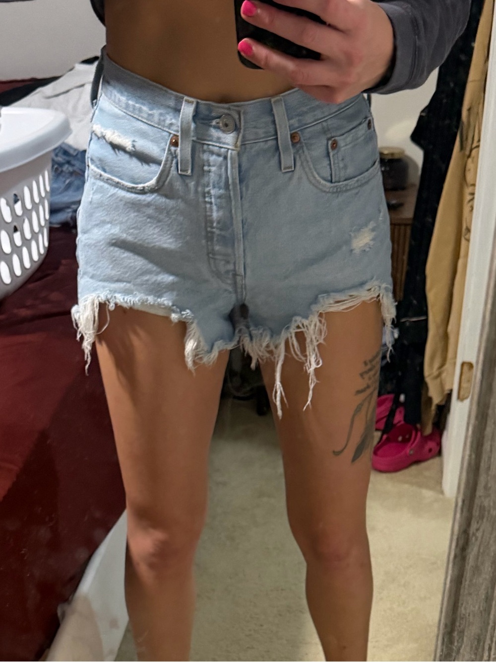 Levi 501 High-Waist Distressed Light Blue Denim Shorts
